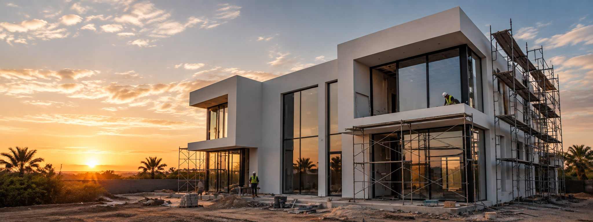 Modern building under construction at sunset